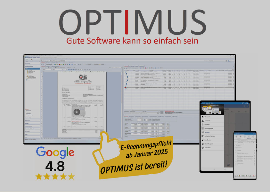 OPTIMUS Software: Desktop-Oberfläche, Mobile App und E-Rechnung